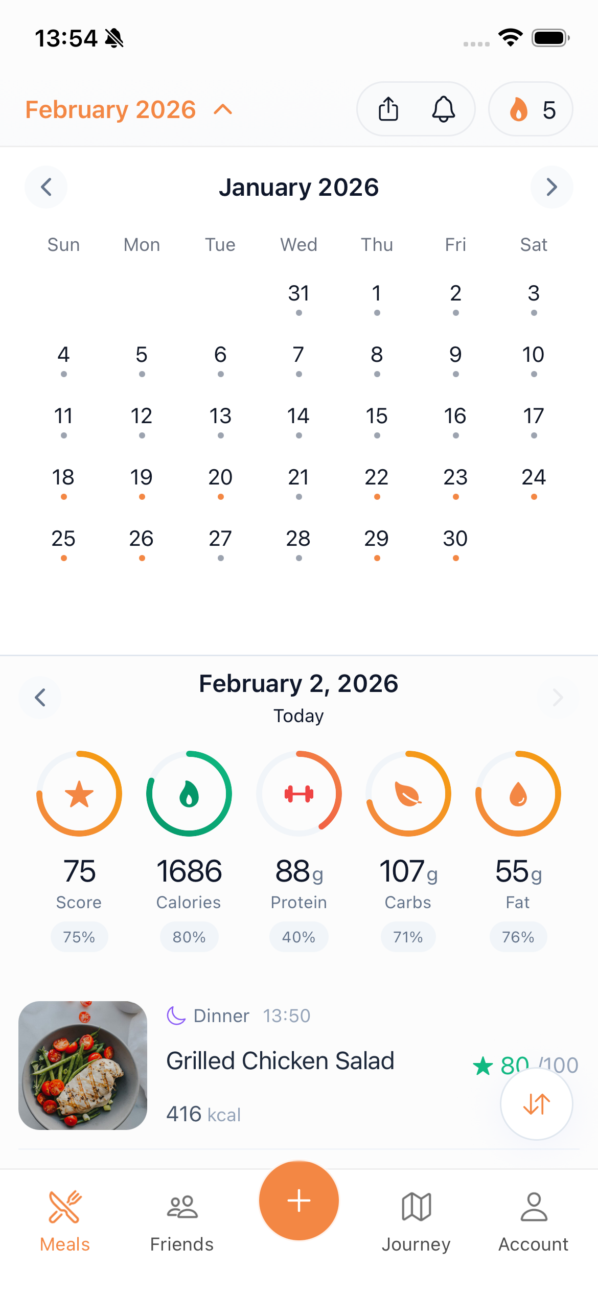 Calendar view of past meals